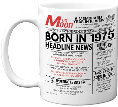 Stuff4 50th Birthday Mug Gift for Men Women - Born in 1975 Newspaper - Happy 50 Birthday Gifts for Mum Dad Uncle Aunt Vintage Retro Back in 1975 Age Fifty Bday, 11oz Ceramic Coffee Mugs
