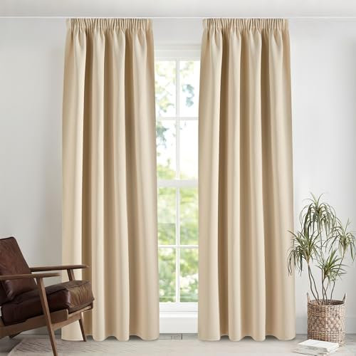 PONY DANCE Thermo Vorhänge gegen Kälte Übergardinen mit Kräuselband 2er Pack H 245 x B 140 cm Biscotti Beige, 60-75% Blickdichte Gardinen für Wohnzimmer Verdunkelungsvorhang Schiene