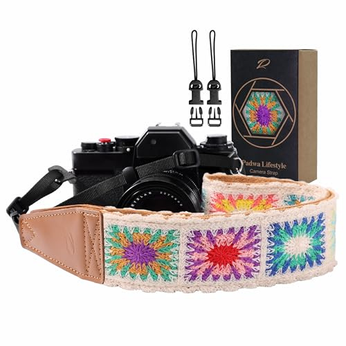 Padwa Lifestyle White Crochet Camera Strap - 2 Full Grain Leather Ends Camera Straps for Photographers, Vintage Embroidered Cotton Soft Suede Fabric Padded Strap with Quick Release fits All Cameras