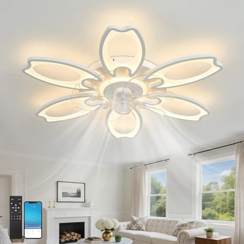 118w Ventilatore da Soffitto con Luce e Telecomando,Lampadario Camera da Letto con Ventilatore Silenzioso Dimmerabile,Tempistica,Lampadario Led Fiore con Ventilatore Reversibile a 6 Velocità Soggiorno