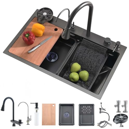 Fregadero de Cocina, Cascada de Acero Inoxidable Raindance Nano Fregadero, Multifuncional con Grifo Extraíble, Tabla de Cortar, Lavavasos, Rainfall Fregadero Cocina 1 Seno 68x45cm (Negro)