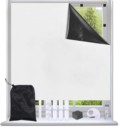 Magnetic Blackout Blinds No Drill Cut to Size Portable Black out Curtains Self Adhesive Stick on Temporary Shades Window Cover for Bedroom Nursery Windows Doors (1, White, 145W x 200H cm)
