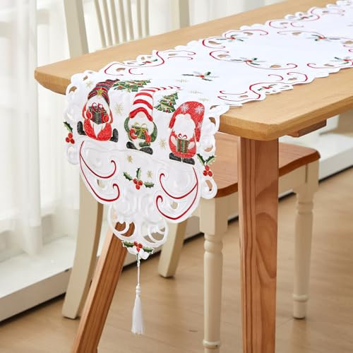 Namalu 38 x 176 cm Weihnachten Bestickte Tischläufer Rote Weihnachts Tischläufer Polyester Weihnachtstischdecke Weihnachtsdeko Weihnachten Tischdeko für Winter Fest(Wichtelmännchen Stil)