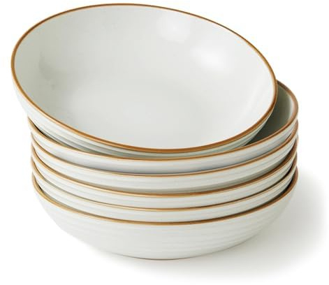 Richmount Jupiter Schalen Set 6, 21.6cm große tiefe Pastateller, Weiß | Pastaschale für 6 Personen, geeignet für Nudeln, Suppe, Salat und Dessert, stapelbar, spülmaschinen- & mikrowellengeeignet