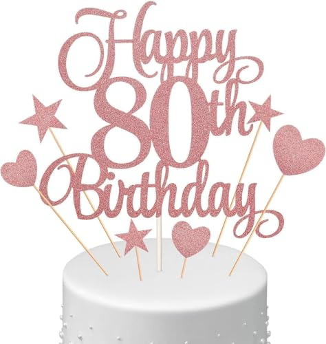 KSHGTB 80th Birthday Cake Topper - Glitter Heart Star Rose Gold Cake Topper(5.9x3.9 Inch) for 80th Birthday Party Theme Party Supplies & Cake Decoration