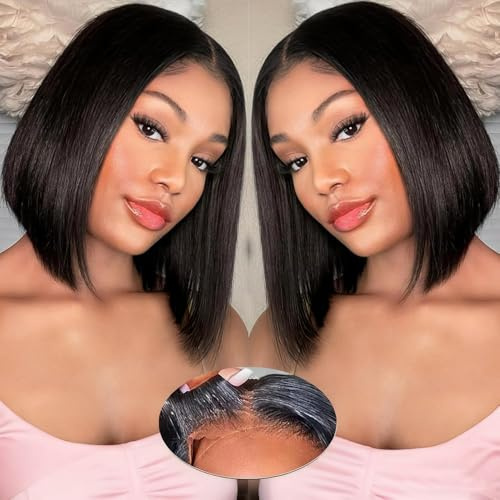 Perruque Bresilienne Cheveux Humain Bob Straight Perruque Femme Naturelle Sans Colle Cheveux HD Lace 4x4 Wear and Go Glueless Wig Human Hair Plucked Pre Cut Naturel Humaine 10 Pouces