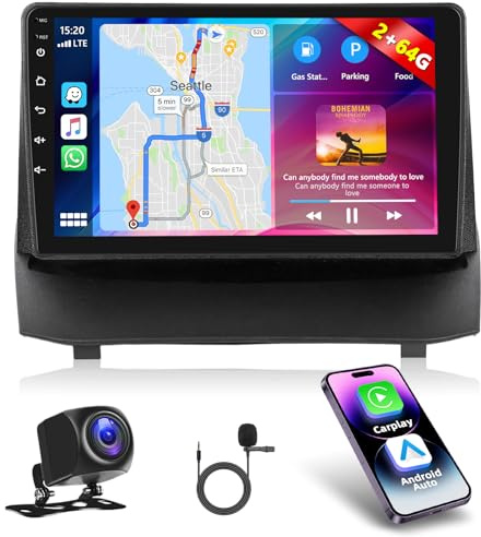 Motorsi Android Auto Autoradio para Ford Fiesta 2009-2014 con Inalámbrica Carplay, 2GB+64GB Bluetooth Car Stereo con GPS Navegación WiFi RDS/FM Radio SWC Canbus + Telecamera Posteriore