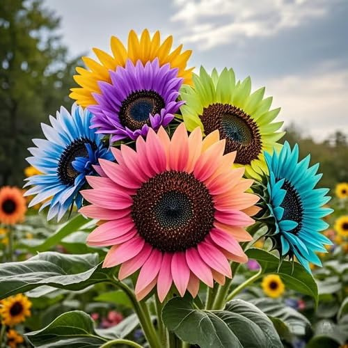 1000+ Hybride Sonnenblumen, violett, blau, rosa und orange in kontrastreichen Farben, deren Blütenblätter sich wie Flammen entfalten.