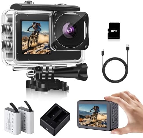 fceoul Action Cam 1080P FHD 16MP, Fotocamera Subacquea 40M con Doppio Schermo 2 e 1.3, Action Cam Moto per Vlog e Sport, con Scheda SD 32GB, 2 Batterie 1050mAh e Accessori(Nero)