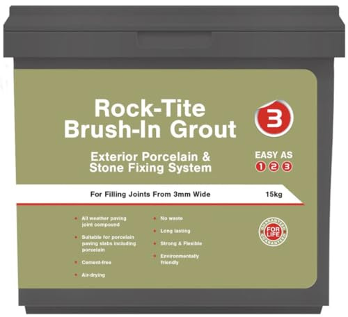 Rock-Tite Steel Grey Brush-In Grout, 15kg, Patio Jointing Compound for Porcelain, Stone & Paving, Weed Resistant, All Weather