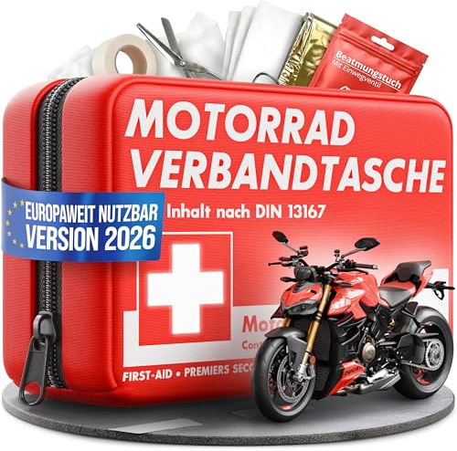 HELDENWERK® Erste Hilfe Set Motorrad Norm 2026 DIN 13167 StVZO konform | Verbandskasten Motorrad europaweit nutzbar, Neuste Verordnung, Kompakt & griffbereit, Wasserabweisend, Steril verpackt