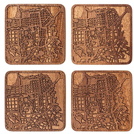 San Francisco Untersetzer mit Landkarte aus Sapeli-Holz, 4 Stück, mit Stadtkarte, mehrere Stadt optional, handgefertigt