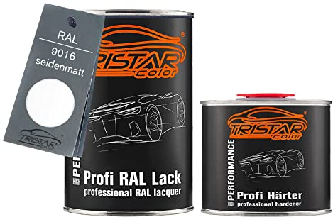 TRISTARcolor RAL 9016 Verkehrsweiss seidenmatt Lack Dose + Härter 1,5 L | 2K-Set aus Lack + Härter, schnelltrocknend