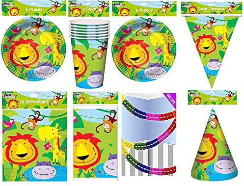 fun 51 Piece Happy Birthday Party Pack Plates Cups TableCloth Serviettes Cone Hats.. Jungle Animal Theme
