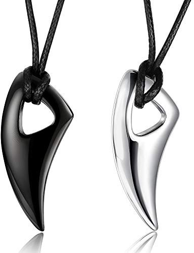 Cupimatch 2pcs Halskette Herren mit Wolf Zahn Anhänger Edelstahl Länge Verstellbar Schmuck für Jungen 62+4,5cm, Schwarz Silber