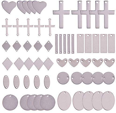 SUNNYCLUE 1 Box 60 Stück 12 Stile Edelstahl Blanko Stanz Metallanhänger Mit Loch Zum Gravieren von Flachen Runden Ovalen Herz Rechtecken Disc Charms Für DIY Schmuckherstellung Zubehör