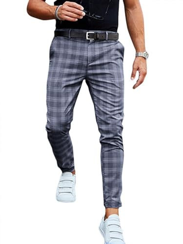 Onsoyours Hommes Chino Slim Fit Rayé Casual Élastique à Carreaux Business Pantalon de Sport Décontracté Coupe Ajustée GrisFoncé M