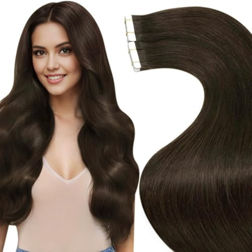 LaaVoo Echthaar Extensions Tape Braun Tape in Extensions Echthaar Dunkelbraun Invisible Haarverlängerung Echthaar Tape Seamless Remy Tape in Extensions Braun 30g 20pcs 25cm #2
