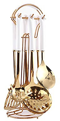 AQUAX Ensemble de 7 ustensiles de cuisine en acier inoxydable (or blanc). Ustensiles de cuisine 7 pièces avec étagère suspendue. Comprend une grande cuillère, une louche, une spatule, une cuillère à