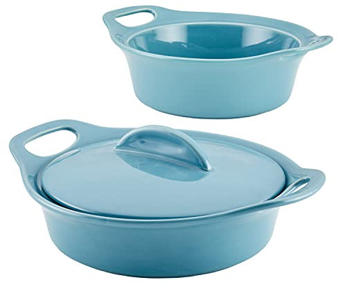 Rachael Ray Solid Glaze Ceramics Casserole Bakeware/Baker Set with Shared Lid, 3 Piece, Agave Blue