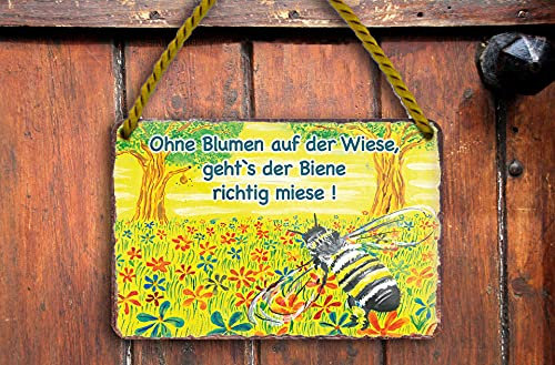 schilderkreis24 – Blechschild Schöner Spruch “Ohne Blumen Wiese, Biene miese.“ Deko Schild Geschenkidee Retro Geschenk Geburtstag Weihnachten für Garten Terrasse Balkon Küche Gärtner 18x12 cm