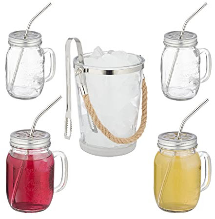 Relaxdays Trinkgläser mit Deckel, Set, 4 Cocktailgläser 500ml, Schraubdeckel, Trinkhalm, Eiseimer und Zange, transparent