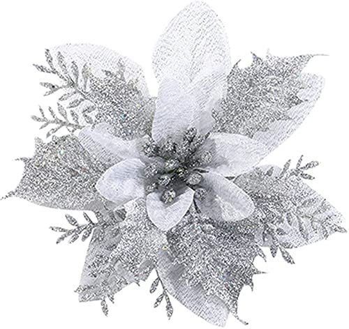 SWECOMZE 12 Stück Glitter Weihnachtsbaumschmuck Weihnachten Blumen Ornament Weihnachten Dekor, Christbaumanhänger 14cm (Silber)