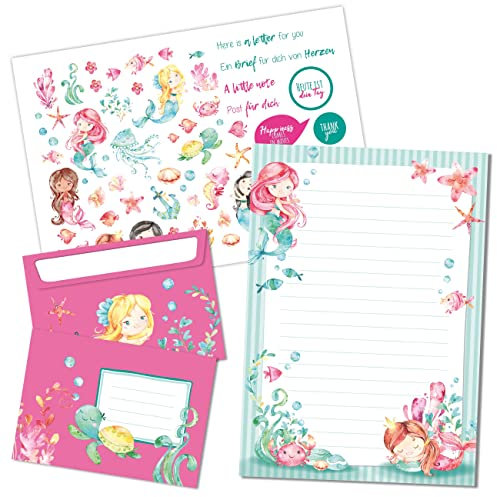 Papierdrachen Briefblock Set - 50 bunt bedruckte Briefbögen - Briefpapier mit Stickerbogen - 20 bedruckte Umschläge - Geschenkidee für Kinder - Meerjungfrau