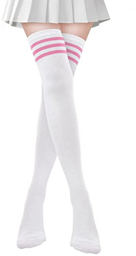 SATINIOR Calzini Sopra Ginocchio a Righe Calze Alte alla Coscia Calzini Lunghi con Tre Strisce Calze Stivali da Donna (Bianco e Rosa)