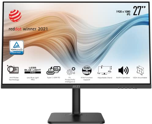 MSI Modern MD272P Docking Monitor (USB-C 65W) 27 - Pannello IPS FHD (1920 x 1080), 75 Hz, Schermo Eye-Friendly, Speaker integrati, Supporto regolabile a 4 vie, KVM - DP 1.2a