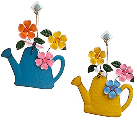 Panonw Lot de 2 panneaux muraux en métal avec arrosoir et fleurs pour décoration extérieure