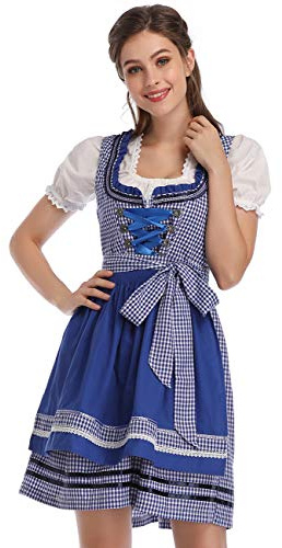 KOJOOIN Women Traditional Dirndl Oktoberfest Costume 3 Pieces Fancy Midi Skirt - Dress, Blouse, Apron