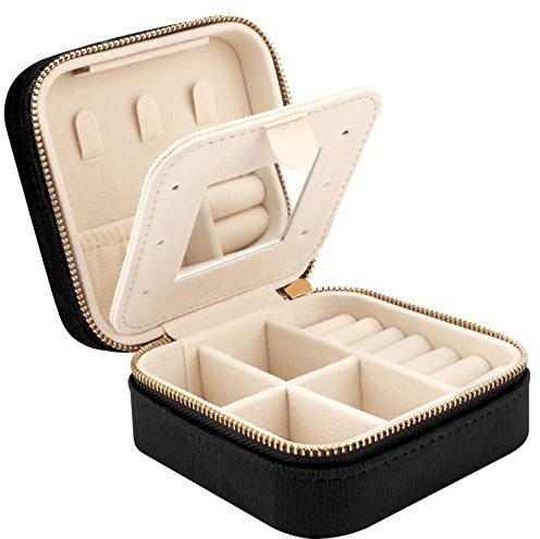 Mini Velvet Travel Jewelry Case with Mirror, Travel Jewellery Box Organiser, Small Jewelry Organiser Storage for Rings Earrings Necklace Bracelets, Black