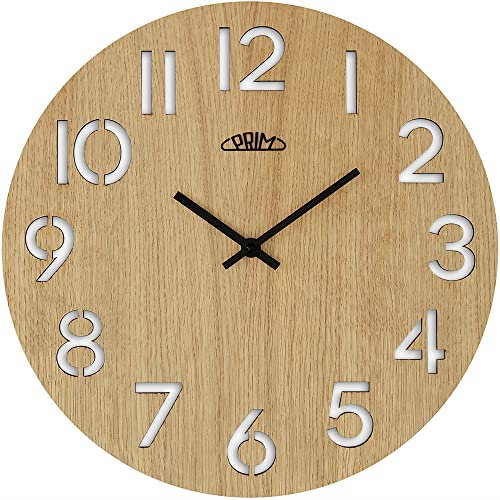 PRIM Authentic Veneer 38cm Wanduhr Holz Made in EU, Wanduhr modern aus Dunklem Holz, Ausgeschnitzte Ziffern, präzises Quarz-Uhrwerk Sweep, für die Küche, Büro oder Wohnzimmer