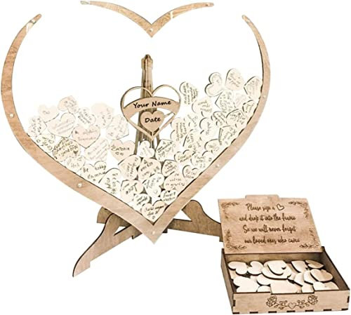 Gästebuch Hochzeit aus Holz in Herzform mit 60 Herzen beschreibbar Alternative zum klassischen Hochzeitsbuch einzigartig mit Holzrahmen für Hochzeit Party Verlobung Geburtstag (Herz)