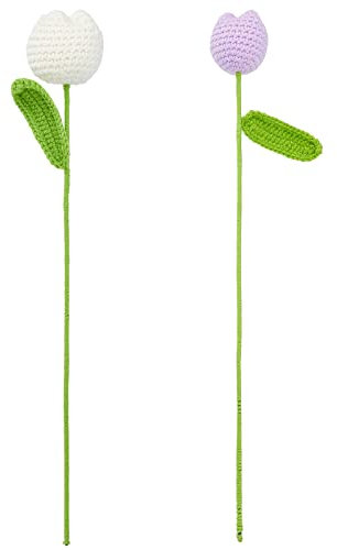 FINGERINSPIRE 2 Stück Handgemachte Gestrickte Tulpe Weiß Lila Gestrickt Gefälschte Gehäkelte Tulpe Baumwolle Stricken Künstliche Tulpe Blumen Einzelne Tulpe für Home Decor, Hochzeit Bouquet, Geschenk