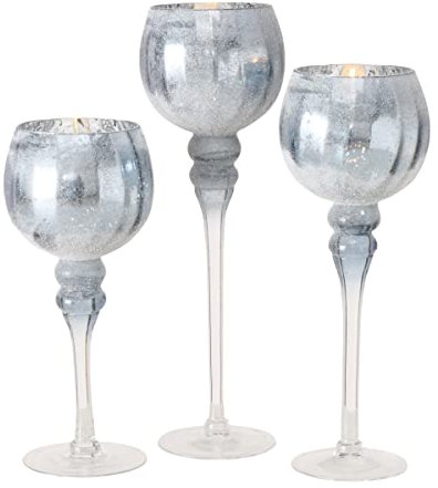 Boltze Windlicht Set Manou 3-teilig (blau, Deko-Gläser für Kerzen / Weihnachtsdekoration, Kerzenständer Höhen 30 cm / 40 cm / 35 cm, Form rund) 2023951