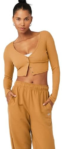 Alo Yoga Gerippter Whisper Cardi, toffee, Mittel