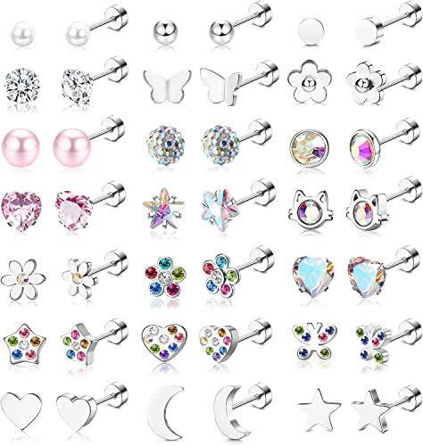 JeweBella 21Paar Kleine Ohrstecker Set für Damen Mädchen Chirurgenstahl Hypoallergen Schmetterling Blume Ohrringe Niedlich Herz Zirkonia Mehrfarbig Piercing Flatback Ohrringe Set