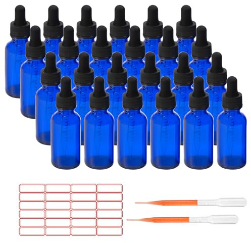 ALWSCI 24 pezzi Bottigliette per Oli Essenziali Blu, Bottiglie 30 mL con Pipetta Bottiglie Contagocce Vetro per Laboratorio, Olio Essenziale, Aromaterapia