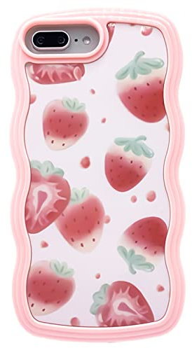 Strawberry Phone Case for iphone 7 Plus/8 Plus Case - Cute Curly Wave Shape Shockproof Soft - Aesthetic Curved Bumper Wavy Edge Kawaii Phone Cases for Girls Women Girly,Pink Straw Berry Cover