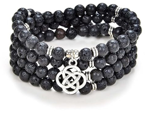 oasymala 108 Mala Meditation Beads Yoga Armband oder Halskette mit keltischem Knoten Charm (Schwarzer Lavastein (Black Lava Stone))