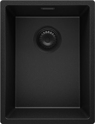 PRIMAGRAN Fregadero bajo Encimera Todo Negro 36x47cm, Cocina 1 Seno + Sifón, Granito al mueble 40cm - London S058