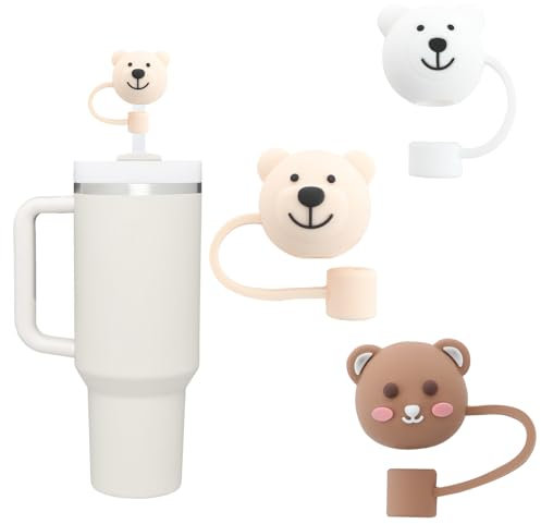 3pcs Drinking Bear Straw Cover Cap Cute Cartoon Soft Silicone Toppers Straw Tips Lids Protector Cover Dust BPA Free Compatible with 10mm Stanley Straws 30 40 oz Tumbler Cup