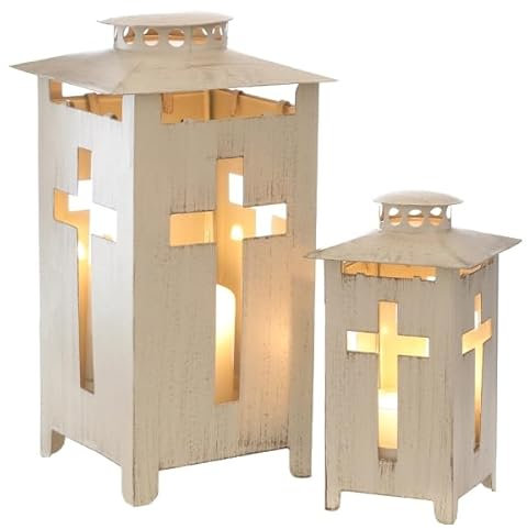 mucHome Grablaterne mit Kreuzdekor 13x13x25cm Grablampe Grableuchte (Weiß)