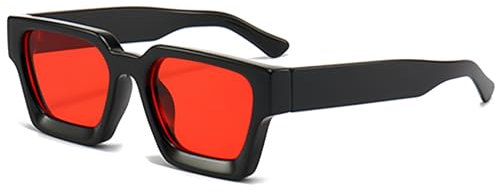 JCTAIFOO Vintage Rechteck Sonnenbrille für Damen Herren Retro Rechteckig Chunky Quadrat Große Dicke Frame Brille (Schwarz/Rot)