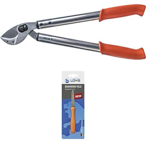 Original LÖWE Set bestehend aus Profi Amboss Astschere 22.050 mit Bypass Geometrie zum Schneiden von Sträuchen, Ästen, Zweigen und Bäumen - 50 cm & Diamantfeile 0023 für Scheren, Äxte und Werkzeuge