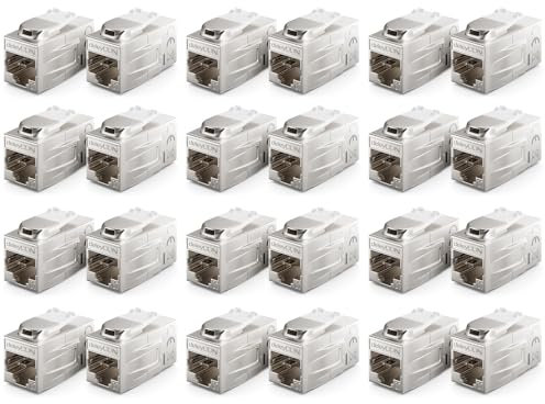 deleyCON 24 Pièces Adaptateur Cat 7 Keystone Métallique 2X Prise RJ45 Connecteur pour Câble de Raccordement RJ45 600 MHz 10 Gbps LAN DSL Ethernet et Utilisable comme Keystone - Argent