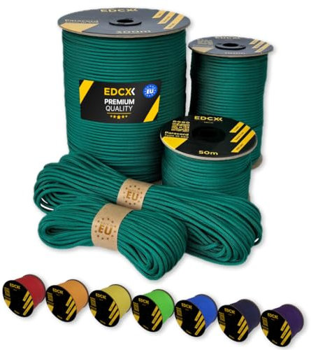 EdcX Paracord 4 mm, 35+ Volltonfarben (10 m, 15 m, 30 m, 50 m, 100 m, 300 m) | Ideal zum Basteln, Camping, Outdoor | 100% Nylonseil 4 mm| Taktische Schnur 550 Typ III (Emerald Green, 10 m)