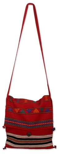 NOVICA Handgefertigte Baumwoll-Umhängetasche, einzigartige gewebte Handtaschen, rot, mehrfarbig, Fiesta, bestickt, gestreift, Indien, verziert Rajasthan Rapture, Mehrfarbig, Einheitsgröße